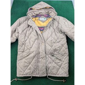 Rainbow West Vintage Quilted Parka Jacket Womens Small Taupe Hooded Zip Button